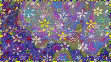 Raster illüstrasyonunda kusursuz çiçek deseni. Renkli Bahar Temalı Kusursuz Arkaplan. Mor ve nötr renklerde çiçekler. Düz Çiçek Elementleri Tasarımı.