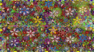 Yeşil ve kahverengi renkli çiçekler. Renkli Bahar Temalı Kusursuz Arkaplan. Düz Çiçek Elementleri Tasarımı. Raster illüstrasyonunda kusursuz çiçek deseni.