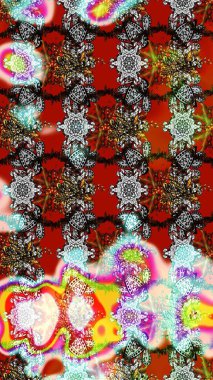 Kabile sanatı boho baskısı, klasik çiçek arkaplanı. Arkaplan dokusu, duvar kağıdı, çiçek teması gri, kırmızı ve nötr renklerde. Soyut etnik raster çizim kalıbı.