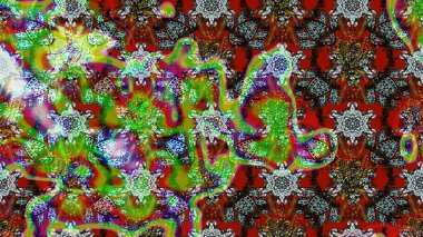 El çizimi, soyut ve süslü elementler. Klasik çiçekler. Yaz çiçekleri teması. Suluboya resim taklit Raster çizimi. Yeşil, kahverengi ve kırmızı renkler.