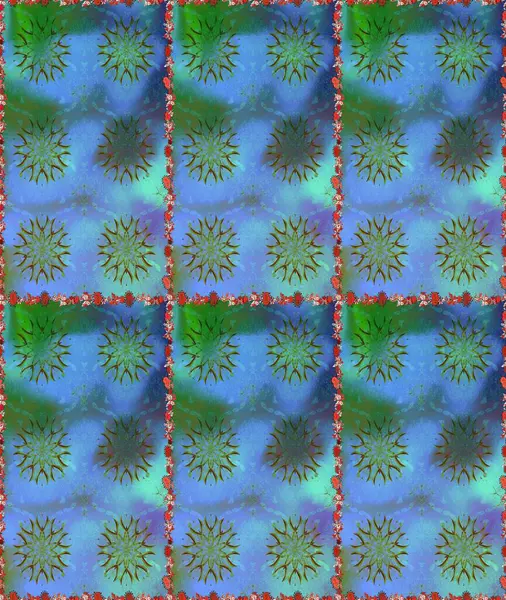 3 boyutlu çiçekler, pürüzsüz. Raster illüstrasyonu. Mavi ve yeşil renklerde.