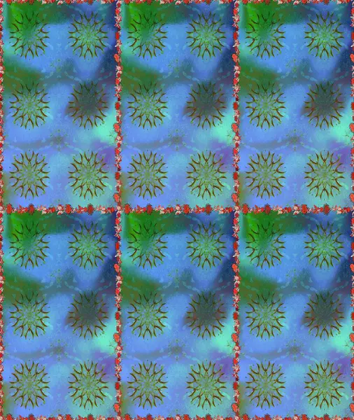 3 boyutlu çiçekler, pürüzsüz. Raster illüstrasyonu. Mavi ve yeşil renklerde.