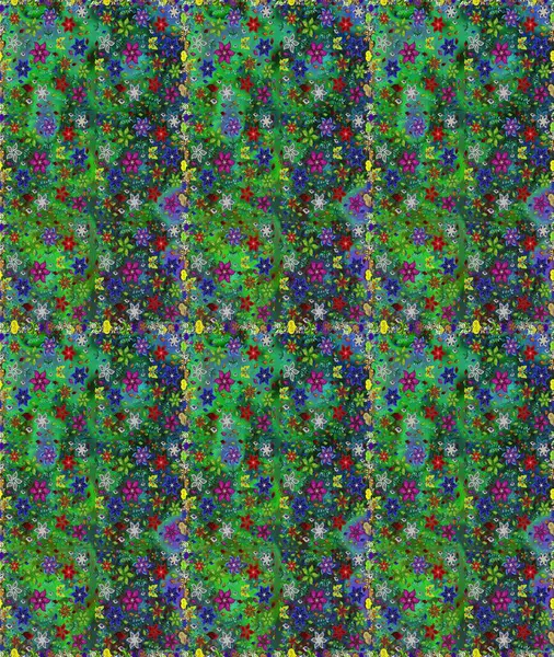 Raster deseni. Bahar çiçekleri dallı desen, yeşil ve mavi renkler çiçekli siluet.