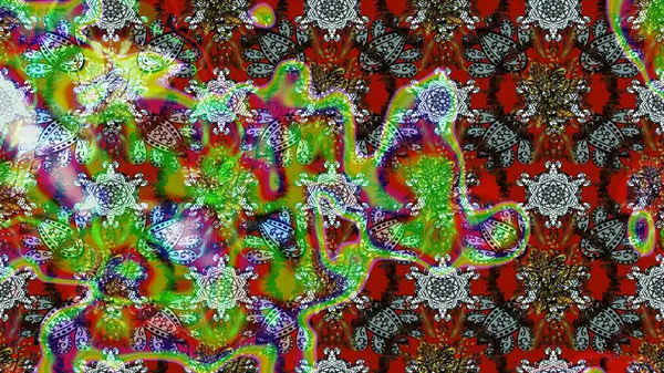 El çizimi, soyut ve süslü elementler. Klasik çiçekler. Yaz çiçekleri teması. Suluboya resim taklit Raster çizimi. Yeşil, kahverengi ve kırmızı renkler.