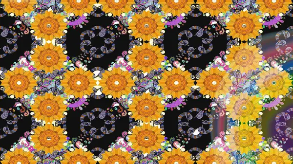 Düz Çiçek Elementleri Tasarımı. Renkli Bahar Teması eskiz kalıbı. Raster illüstrasyonundaki çiçek desenli çizim. Süslü kumaş deseni.