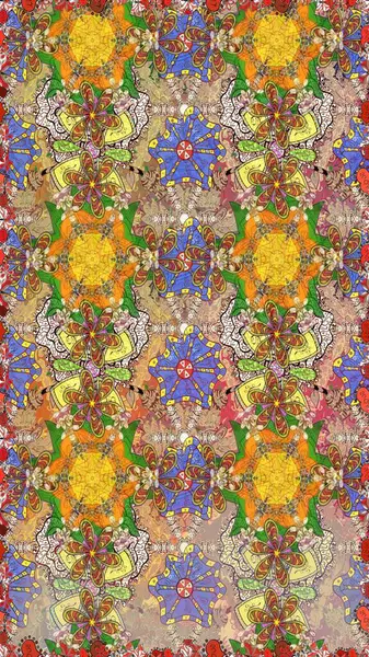 Renkli Yaz Temalı Kusursuz Arkaplan. Raster çiçekli arka plan. Düz Çiçek Elementleri Tasarımı. Güzel kumaş deseni. Yazdır. Sevimli, pürüzsüz desen.