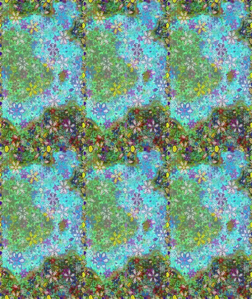 Düz Çiçek Elementleri Tasarımı. Renkli Bahar Temalı Kusursuz Arkaplan. Yeşil renkli çiçekler. Raster illüstrasyonunda kusursuz çiçek deseni.