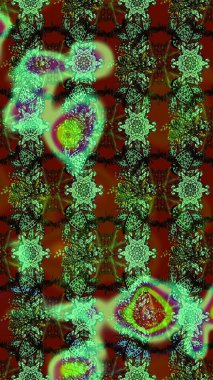 El çizimi çiçekli soyut çizim kalıbı. Yeşil, kahverengi ve kırmızı renkte çiçekler. Raster illüstrasyonu.