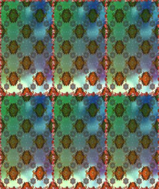 Raster illüstrasyonunda kusursuz çiçek deseni. Suluboya tarzında yeşil ve mavi renkte çiçekler.