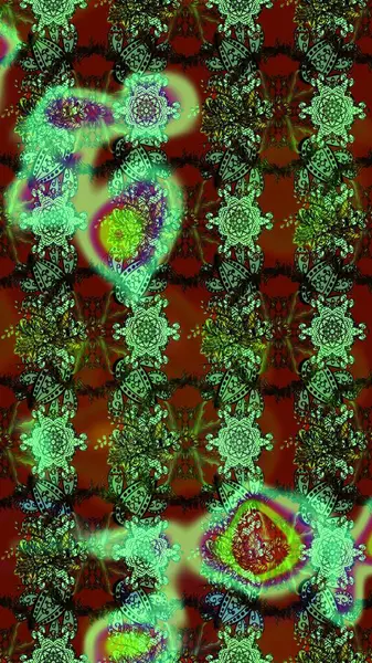 El çizimi çiçekli soyut çizim kalıbı. Yeşil, kahverengi ve kırmızı renkte çiçekler. Raster illüstrasyonu.