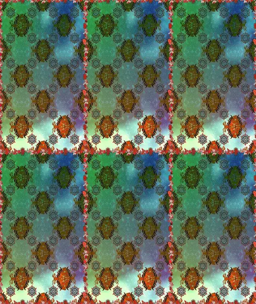 Raster illüstrasyonunda kusursuz çiçek deseni. Suluboya tarzında yeşil ve mavi renkte çiçekler.