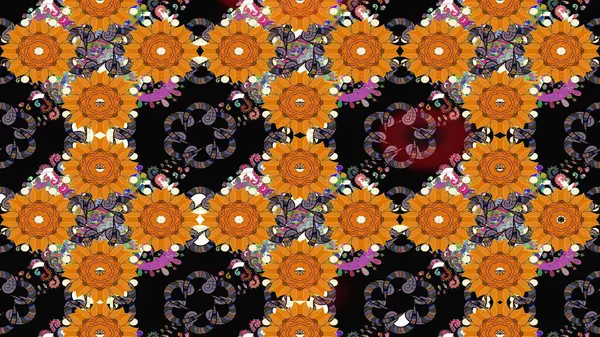 Halk tarzı. Renkli çiçekleri ve turuncu yaprakları olan harika bir çiçek deseni. Moda baskıları için zarif bir şablon. Modern çiçek arkaplanı.