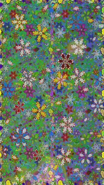 Düz Çiçek Elementleri Tasarımı. Yeşil ve mavi renkte çiçekler. Raster illüstrasyonunda kusursuz çiçek deseni. Renkli Yaz Temalı Kusursuz Arkaplan.