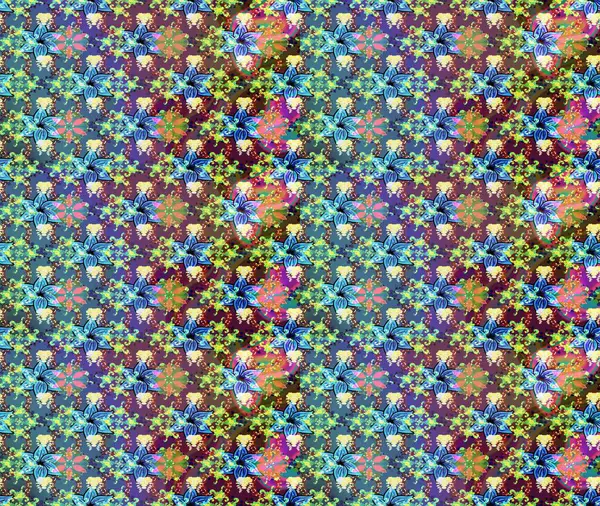 Küçük çiçekteki sevimli çiçek deseni. Varicoloblue Raster çizimi. Birçok mavi soyut çiçekli tropikal çizim deseni.