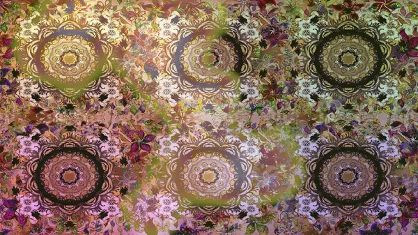 İslam tasarımı. Raster altın tekstil baskısı. Çiçek kiremitleri. Kahverengi renklerde altın desenler ve altın elementler. Kusursuz desenli oryantal süs.