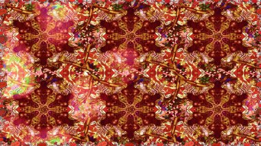 Süslü raster dekorasyonu. Altın elementlerle kırmızı renklerde altın desen. Barok tarzında duvar kağıdı tasarımı için kusursuz damaske deseni arkaplanı.