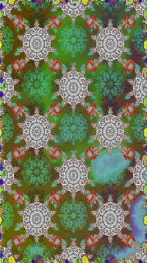 Renkli Yaz Temalı Kusursuz Arkaplan. Düz Çiçek Elementleri Tasarımı. Yeşil renkli çiçekler. Raster illüstrasyonunda trendsiz çiçek deseni.