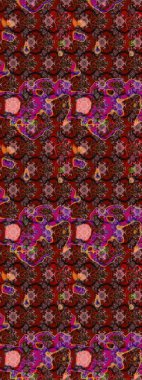 Asya tekstil tarzında. Raster illüstrasyonu. Kahverengi, kırmızı ve pembe renklerde çiçekler. Çiçek desenli çizim. Raster illüstrasyonu.