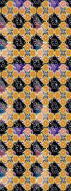 Sarı arka planda. Çocuksu tasarım. Tekstil, kumaş, ambalaj, hatıra defteri için hoş bir çiçek arkaplanı. Elle çizilmiş karalama çiçekleri ile Raster çizim deseni.