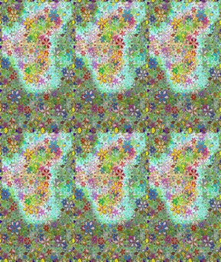 Motley illüstrasyonu. Tarafsız ve yeşil çiçekli bahar çiçekleri. Küçük renkli çiçekler. Küçük çiçekte güzel bir desen. Moda baskıları için zarif bir şablon.