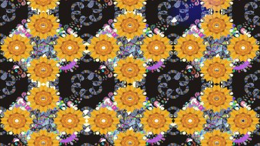 Çiçek ve yapraklı karalama şeklinde Raster çiçek deseni. Gri renklerde bahar çiçekleri. Raster illüstrasyonu.