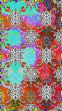 El çizimi Raster çizimi. Duvar kağıdı, web sitesi arka planı, ambalaj kağıdı, davetiye, broşür, afiş veya web sitesi için kusursuz çiçek deseni kullanılabilir. Parlak elementlerin.