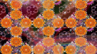 Asya tekstil tarzında. Turuncu renkli çiçekler. Çiçek desenli çizim. Raster illüstrasyonu. Raster illüstrasyonu.