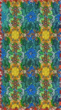 Halk tarzı. Moda baskıları için zarif bir şablon. Modern çiçek arkaplanı. Parlak renkli çiçekleri ve yeşil ve mavi renkli yaprakları olan şaşırtıcı, pürüzsüz çiçek deseni..