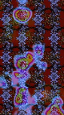 Kabile sanatı boho baskısı, klasik çiçek arkaplanı. Arkaplan dokusu, duvar kağıdı kahverengi, kırmızı ve mor renkli çiçek teması. Soyut etnik raster çizim kalıbı.