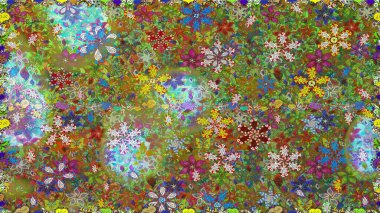 Çiçekli karalama şeklinde Raster çiçek deseni. Yeşil ve kahverengi renkli çiçekler. Nazik, sevimli çiçek arkaplanı..