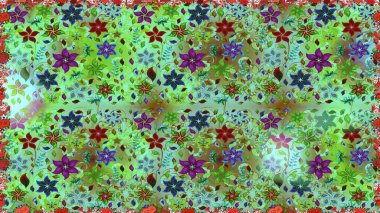 Raster suluboya çiçek deseni, narin çiçekler, yeşil ve mavi çiçekler, tebrik kartı şablonu. Güzel kumaş deseni.