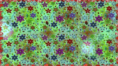 Raster suluboya çiçek deseni, narin çiçekler, yeşil ve mavi çiçekler, tebrik kartı şablonu. Güzel kumaş deseni.