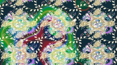 Raster illüstrasyonu. Patlayan çiçekler soyut olarak yerleştirilmiş. Yumuşak, mavi renkte bahar çiçekleri. Raster deseni.