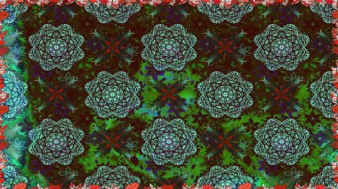 Kahverengi ve yeşil renkli Asya tekstili. Raster illüstrasyonu. Kusursuz çiçek deseni.