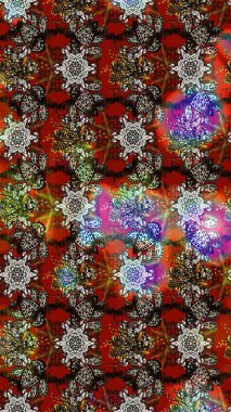 Asya tekstil tarzında. Çiçek desenli çizim. Raster illüstrasyonu. Kahverengi, gri ve kırmızı renkte çiçekler. Raster illüstrasyonu.