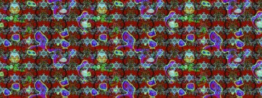 Üzerinde kırmızı, kahverengi ve mavi renkler karalamalar olan çiçek desenleri çiz. Raster illüstrasyonu.