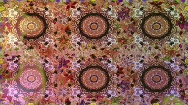 Parlak dantel, stilize çiçekler, şal desenli. Kusursuz altın desenli bukleler. Doğu tarzı arabesk. Hassas altın deseni açın. Kahverengi renklerde ve altın elementlerle. Raster illüstrasyonu.