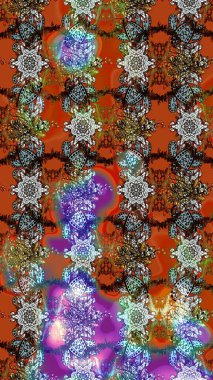 Dallı bahar çiçekleriyle desen, kahverengi, turuncu ve çiçek siluetiyle nötr renkler. Raster deseni.