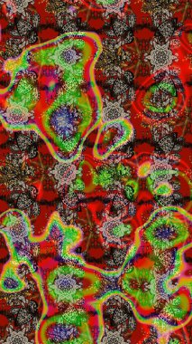 Çiçek süslemeli çizim deseni. Raster illüstrasyonu. Çiçekler kırmızı, kahverengi ve yeşil renklerde.