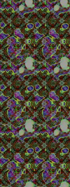 Çok yeşil, gri ve kahverengi zarif küçük çiçekler ve yeşil, gri ve kahverengi renkli komik böcekler, raster desen, illüstrasyon.