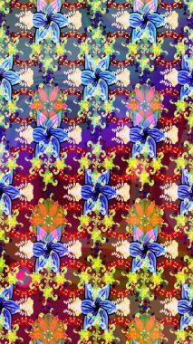 Düz Çiçek Elementleri Tasarımı. Güzel kumaş deseni. Asya tekstil tarzında. Raster illüstrasyonu. Çiçek desenli çizim. Renkli Bahar Teması çizim şablonu.