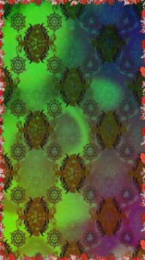 Yaz çiçekleri teması. El çizimi, soyut ve süslü elementler. Yeşil ve kahverengi renkler. Suluboya resim taklit Raster çizimi. Klasik çiçekler..