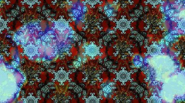 Çiçekler. Soyut etnik raster çizim kalıbı. Vadinin çiçekleri mavi ve kahverengi renklerde.