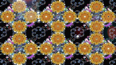 Hediye ambalaj kağıdı, tebrik kartları, posterler ve pankart tasarımı. Siyah renkli çiçekler. Raster düz çiçek çizim deseni.