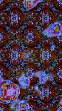 Raster illüstrasyonu. Kahverengi, mor ve mavi renklere karalamalar çizilmiş çiçek deseni.