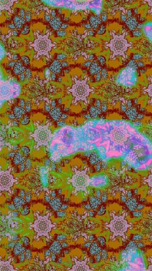 Kahverengi, yeşil ve kırmızı renklerde bahar çiçekleri. Çiçek ve yapraklı karalama şeklinde Raster çiçek deseni. Raster illüstrasyonu.