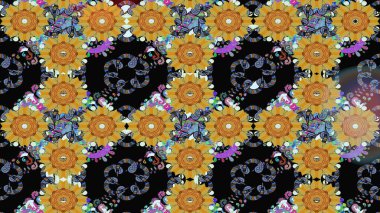 Modern çiçek arkaplanı. Moda baskıları için zarif bir şablon. Halk tarzı. Parlak renkli çiçekleri ve siyah yaprakları olan harika bir çiçek deseni..