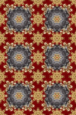 Altın elementli kırmızı, gri ve bej renkler. Kusursuz altın desenli bukleler. Doğu tarzı arabesk. Raster illüstrasyonu. Raster altın desen.