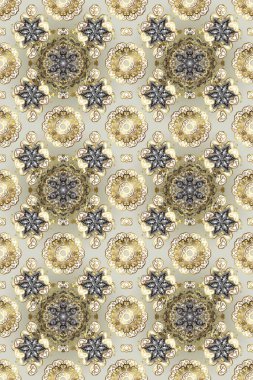 Raster Golden Mehndi kusursuz desen. Kına dövmeli süs çiçekleri, altın çıkartmalar, mehndi ve yoga tasarımı, kartlar ve parmak izleri. Tarafsız, bej ve gri renklerde desen.