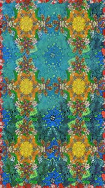 Mavi ve yeşil renkli çiçekler. Çiçekli karalama şeklinde Raster çiçek deseni. Nazik, narin çiçek arkaplanı.